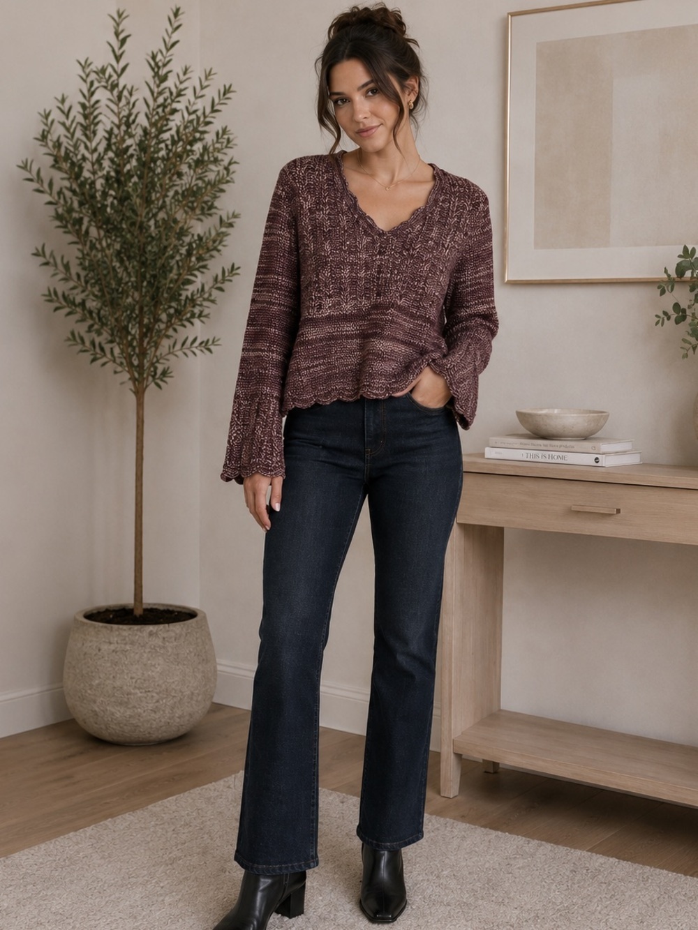 Vintage Two Roads Scalloped Burgundy Knit Bell/Flare Sleeves size S/M